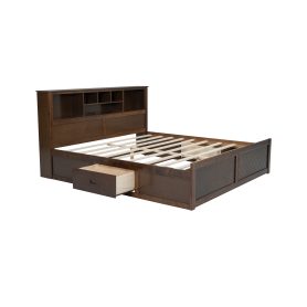 King Size Wood Platform Bed with Multi-storage Headboard, USB and Drawers