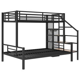 Twin over Full Size Metal Bunk Bed with Storage Staircase and Open Wardrobe