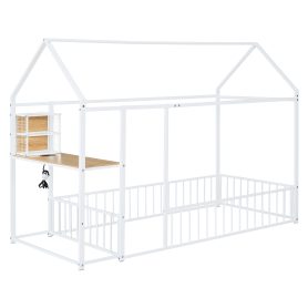 Twin Size Metal Bed House Bed Frame with Desk, Shelves, Power Outlets and USB Ports