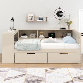Wood Twin Size Platform Bed with Storage Shelves, Drawers, Charging Station and Upholstered Headboard