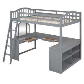 Wooden Full Size Loft Bed with U-shaped Desk, Storage Compartments and Tri-fold Mirror