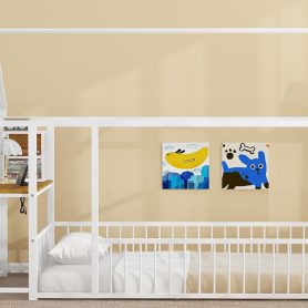 Twin Size Metal Bed House Bed Frame with Desk, Shelves, Power Outlets and USB Ports