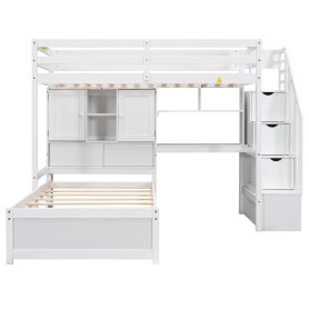 Twin Over Twin Loft Bed With Built-in Desk, Staircase, Storage Compartments And Shelves