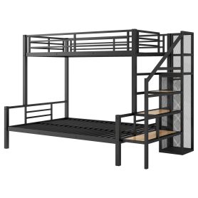 Twin over Full Size Metal Bunk Bed with Storage Staircase and Open Wardrobe