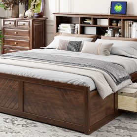 King Size Wood Platform Bed with Multi-storage Headboard, USB and Drawers