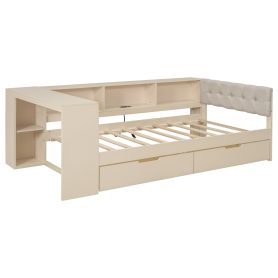 Wood Twin Size Platform Bed with Storage Shelves, Drawers, Charging Station and Upholstered Headboard
