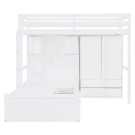 Twin Bunk Bed with Drawers, Wardrobe, Storage Shelves and Hydraulic Bed
