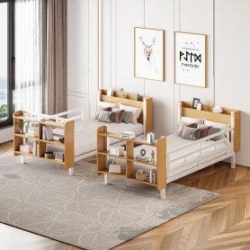 Twin Over Twin Size Metal Bunk Bed with Ladder and Full-Length Guardrail, Storage Space