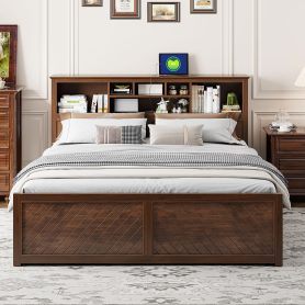 King Size Wood Platform Bed with Multi-storage Headboard, USB and Drawers