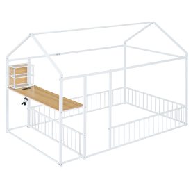 Full Size Metal Bed House Bed Frame with Desk, Shelves, Power Outlets and USB Ports