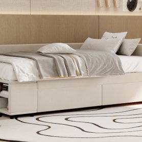 Twin Size L-Shaped Upholstered Platform Bed With Storage And Drawers