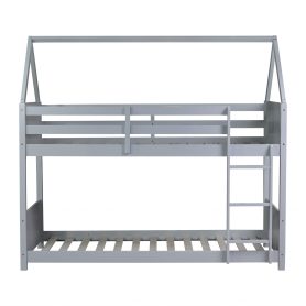 Twin Over Twin House Floor Bunk Bed with Headboards, Footboards and Guardrails, Ladder