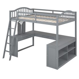 Wooden Full Size Loft Bed with U-shaped Desk, Storage Compartments and Tri-fold Mirror