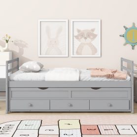 Twin Size Wooden Bed with Headboard, Footboard, Trundle and Three Storage Drawers