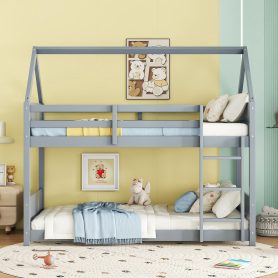 Twin Over Twin House Floor Bunk Bed with Headboards, Footboards and Guardrails, Ladder