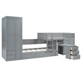 Twin Wooden Bunk Bed with Trundle, Cabinet, Wardrobe, Desk and Drawers