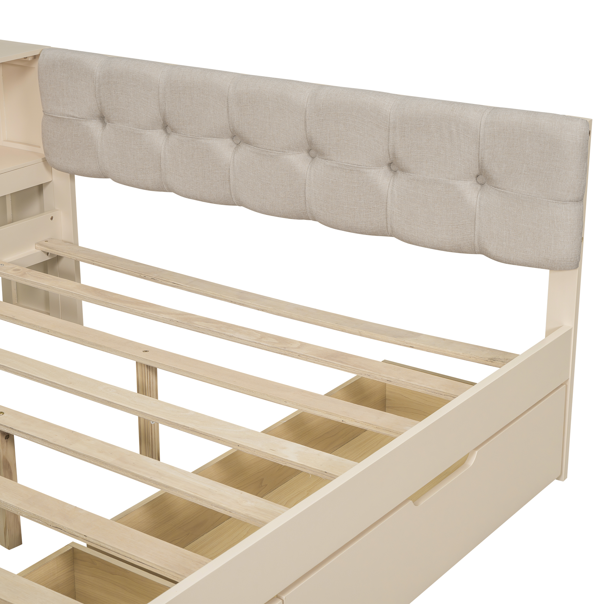 Wood Full Size Platform Bed with Storage Shelves, Drawers, Charging Station and Upholstered Headboard 12 Wood Full Size Platform Bed with Storage Shelves, Drawers, Charging Station and Upholstered Headboard