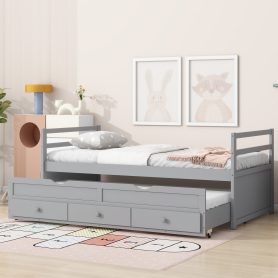 Twin Size Wooden Bed with Headboard, Footboard, Trundle and Three Storage Drawers