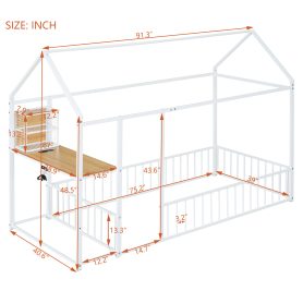Twin Size Metal Bed House Bed Frame with Desk, Shelves, Power Outlets and USB Ports