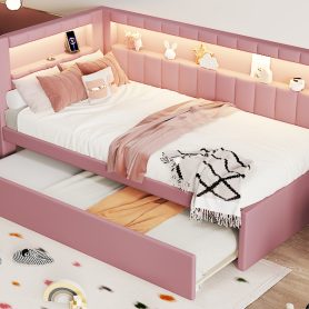 Upholstered TwIn Size platform bed with USB Ports and LED belt, With Trundle