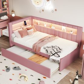 Upholstered TwIn Size platform bed with USB Ports and LED belt, With Trundle