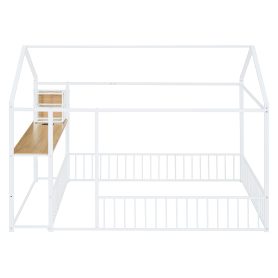 Full Size Metal Bed House Bed Frame with Desk, Shelves, Power Outlets and USB Ports