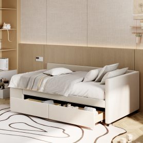 Twin Size L-Shaped Upholstered Platform Bed With Storage And Drawers