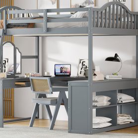 Wooden Full Size Loft Bed with U-shaped Desk, Storage Compartments and Tri-fold Mirror