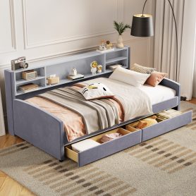 Twin size Upholstered Platform Bed with Storage and Drawers