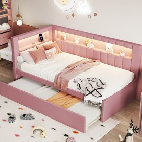 Upholstered TwIn Size platform bed with USB Ports and LED belt, With Trundle