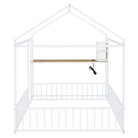 Full Size Metal Bed House Bed Frame with Desk, Shelves, Power Outlets and USB Ports