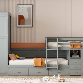Twin Wooden Bunk Bed with Trundle, Cabinet, Wardrobe, Desk and Drawers