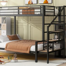 Twin over Full Size Metal Bunk Bed with Storage Staircase and Open Wardrobe