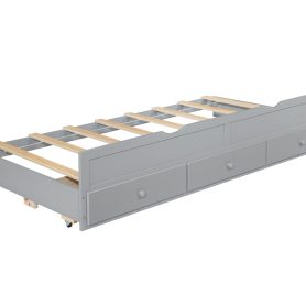 Twin Size Wooden Bed with Headboard, Footboard, Trundle and Three Storage Drawers