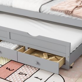 Twin Size Wooden Bed with Headboard, Footboard, Trundle and Three Storage Drawers