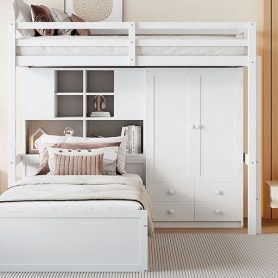 Twin Bunk Bed with Drawers, Wardrobe, Storage Shelves and Hydraulic Bed