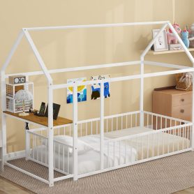 Twin Size Metal Bed House Bed Frame with Desk, Shelves, Power Outlets and USB Ports