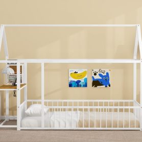 Twin Size Metal Bed House Bed Frame with Desk, Shelves, Power Outlets and USB Ports
