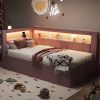 Upholstered TwIn Size platform bed with USB Ports and LED belt, With Trundle
