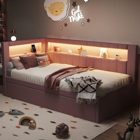 Upholstered TwIn Size platform bed with USB Ports and LED belt, With Trundle