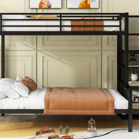Twin over Full Size Metal Bunk Bed with Storage Staircase and Open Wardrobe