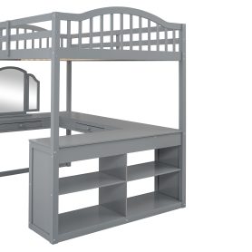Wooden Full Size Loft Bed with U-shaped Desk, Storage Compartments and Tri-fold Mirror