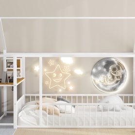 Full Size Metal Bed House Bed Frame with Desk, Shelves, Power Outlets and USB Ports