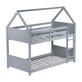 Twin Over Twin House Floor Bunk Bed with Headboards, Footboards and Guardrails, Ladder