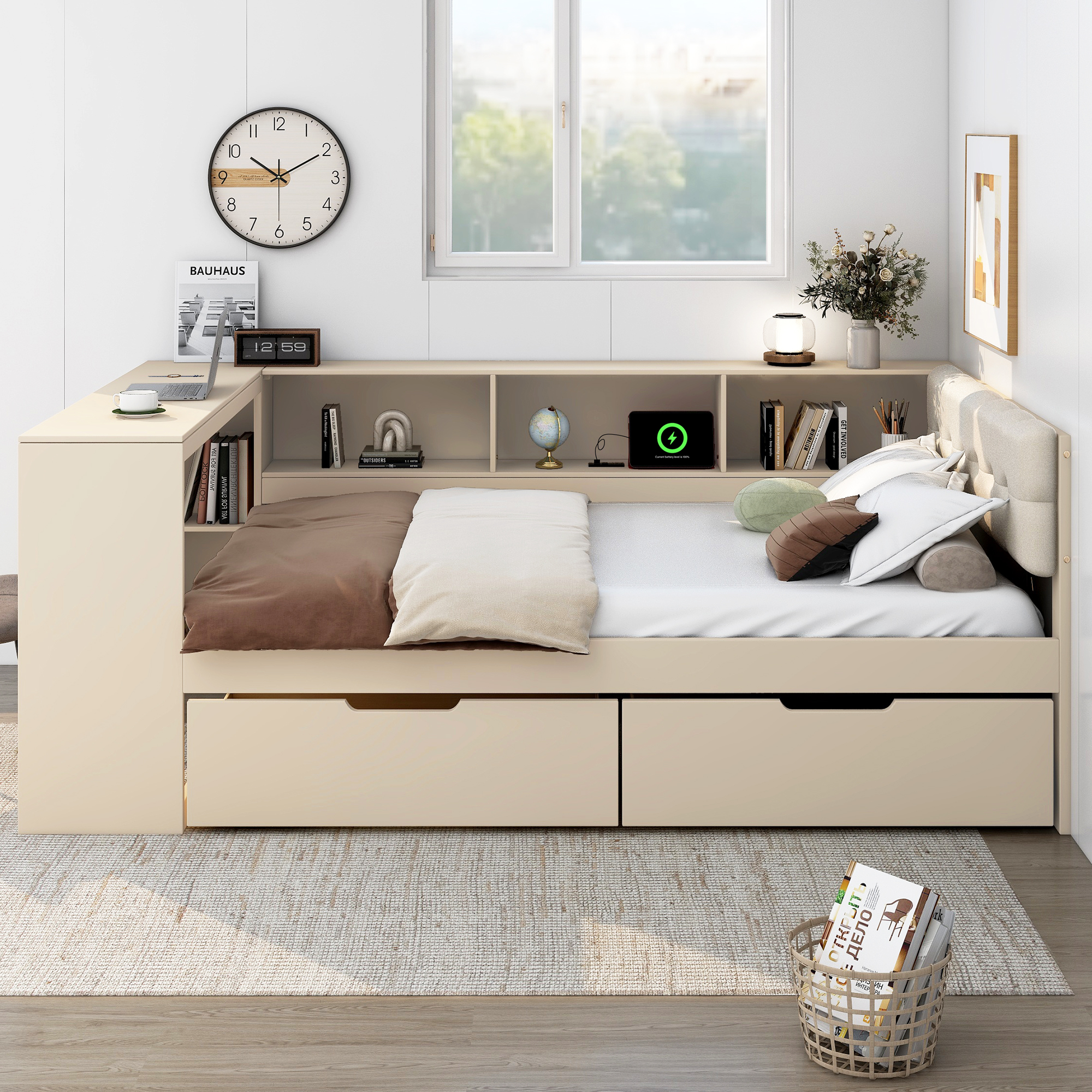 Wood Full Size Platform Bed with Storage Shelves, Drawers, Charging Station and Upholstered Headboard 4 Wood Full Size Platform Bed with Storage Shelves, Drawers, Charging Station and Upholstered Headboard