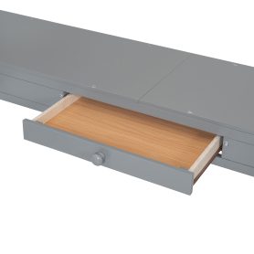 Wooden Full Size Loft Bed with U-shaped Desk, Storage Compartments and Tri-fold Mirror