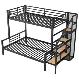 Twin over Full Size Metal Bunk Bed with Storage Staircase and Open Wardrobe