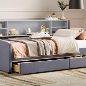 Twin size Upholstered Platform Bed with Storage and Drawers