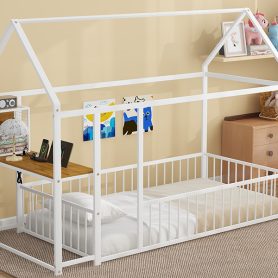 Twin Size Metal Bed House Bed Frame with Desk, Shelves, Power Outlets and USB Ports