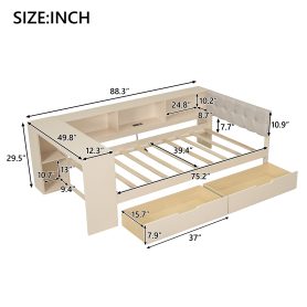Wood Twin Size Platform Bed with Storage Shelves, Drawers, Charging Station and Upholstered Headboard